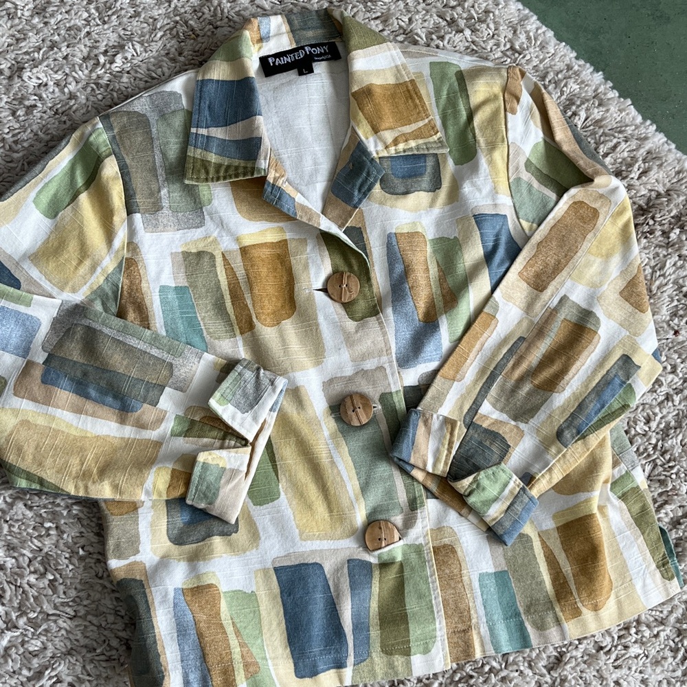 PAINTED PONY Vintage Cream Abstract Wooden Button Linen Jacket L NWOT - Picture 3 of 12